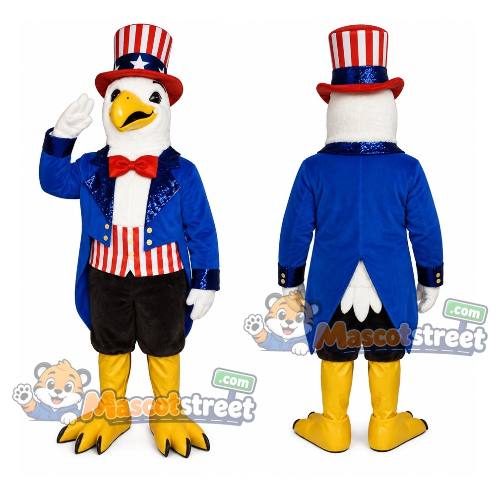 Bald Eagle Mascot Costume with Blue Coat, Black Shorts and Patriotic Top Hat Bald Eagle Mascot Costume with Blue Coat, Black Shorts and Patriotic Top Hat