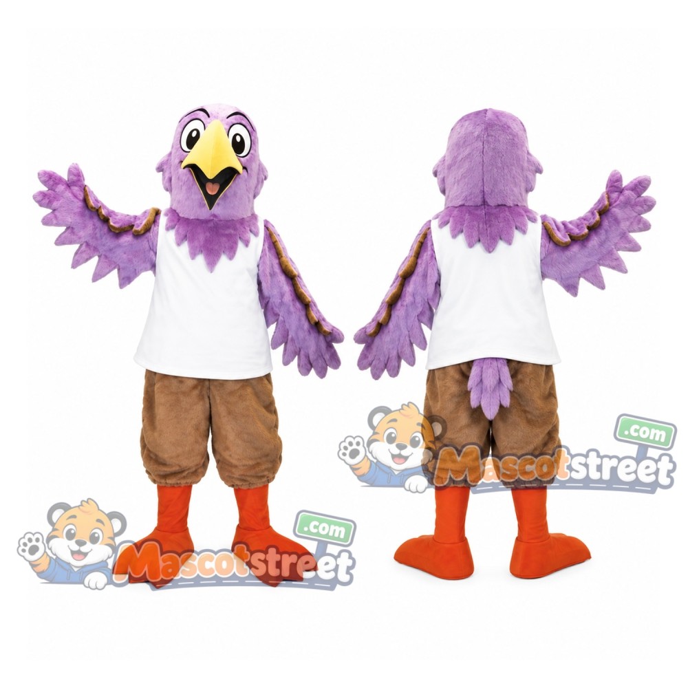 Purple Bird Mascot Costume with White Shirt and Brown Shorts