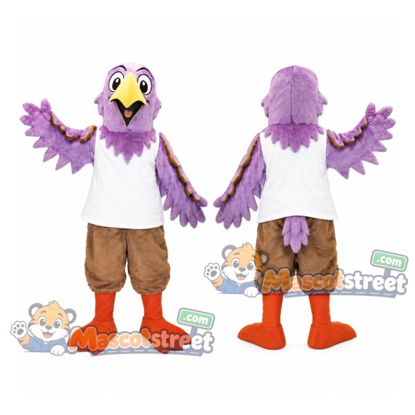 Purple Bird Mascot Costume with White Shirt and Brown Shorts