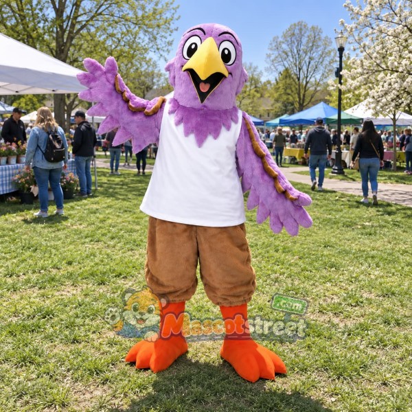 Purple Bird Mascot Costume with White Shirt and Brown Shorts