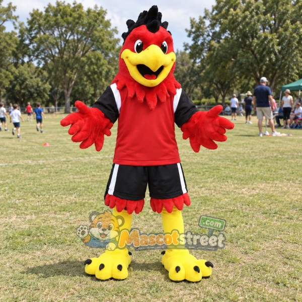 Red Bird Mascot Costume with Red Shirt and Black Shorts