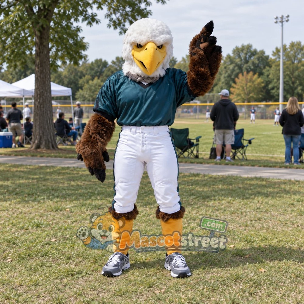 Bald Eagle Mascot Costume with Teal Shirt and White Trousers Bald Eagle Mascot Costume with Teal Shirt and White Trousers