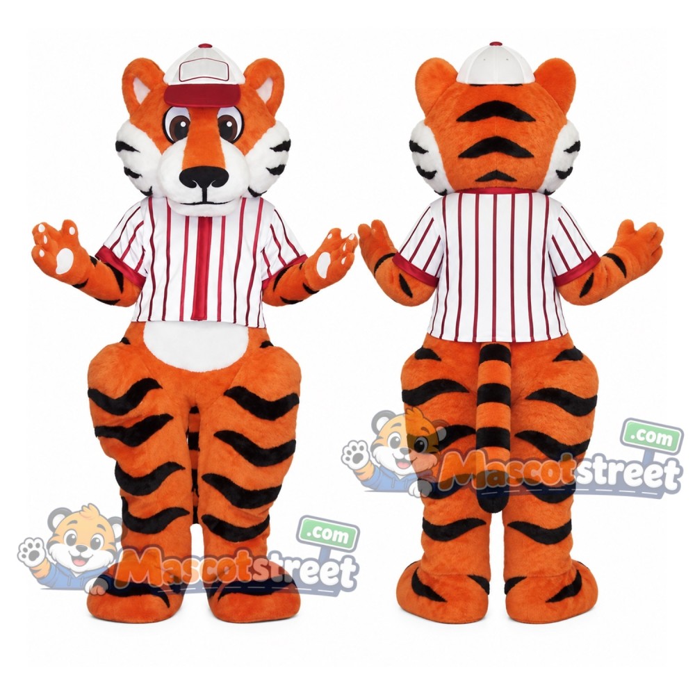 Orange Tiger Mascot Costume with Red and White Striped Shirt