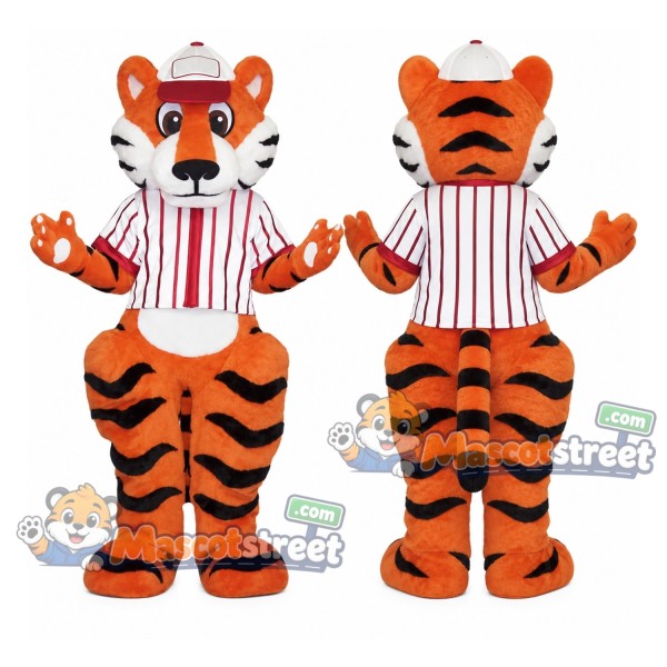 Orange Tiger Mascot Costume with Red and White Striped Shirt