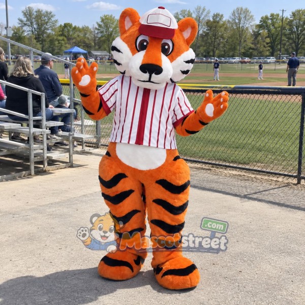 Orange Tiger Mascot Costume with Red and White Striped Shirt