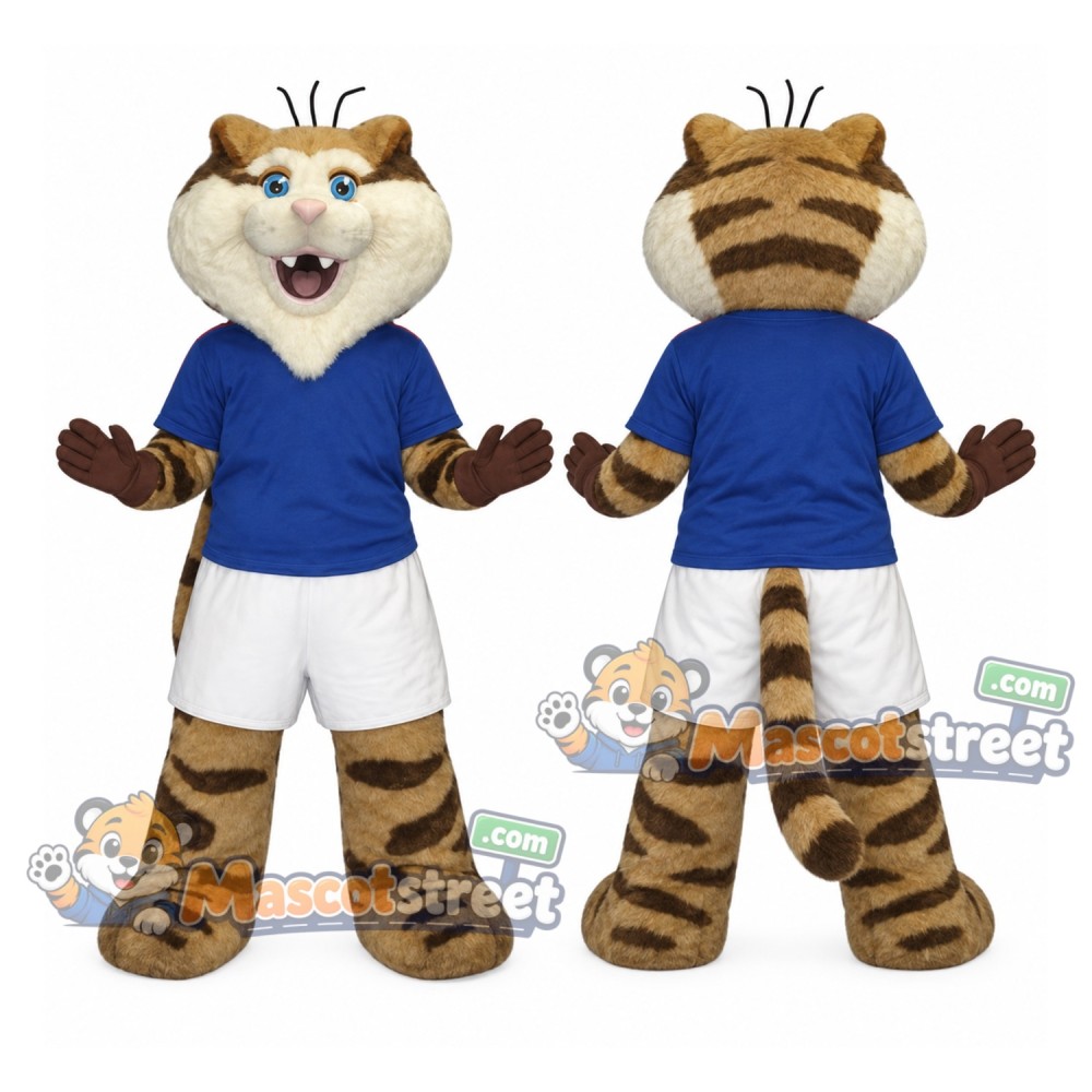 Brown Tiger Mascot Costume with Blue Shirt and White Shorts Brown Tiger Mascot Costume with Blue Shirt and White Shorts