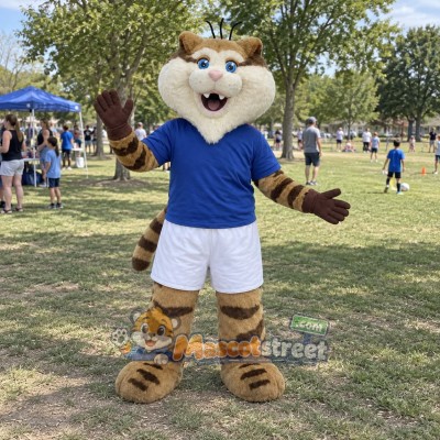 Brown Tiger Mascot Costume with Blue Shirt and White Shorts Brown Tiger Mascot Costume with Blue Shirt and White Shorts