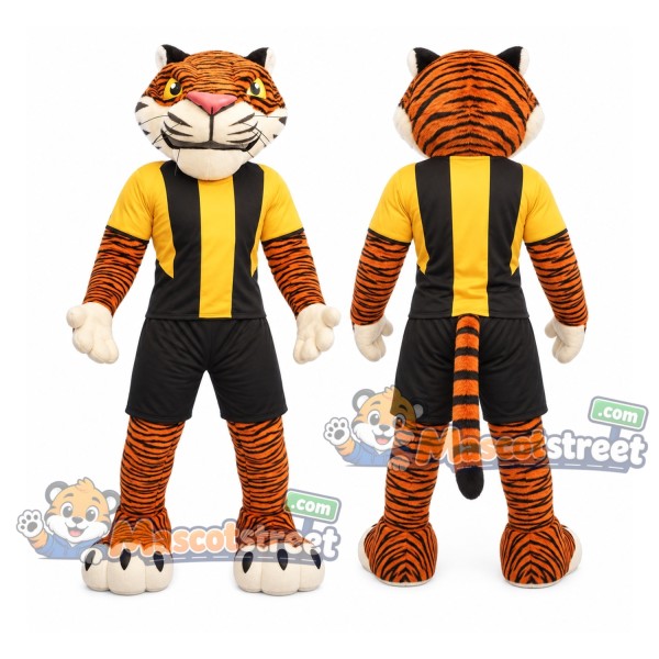Orange Tiger Mascot Costume with Black and Yellow Sports Uniform