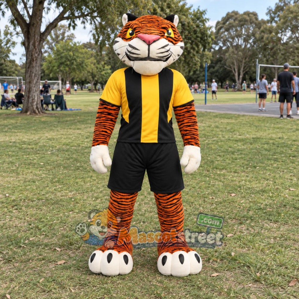 Orange Tiger Mascot Costume with Black and Yellow Sports Uniform Orange Tiger Mascot Costume with Black and Yellow Sports Uniform