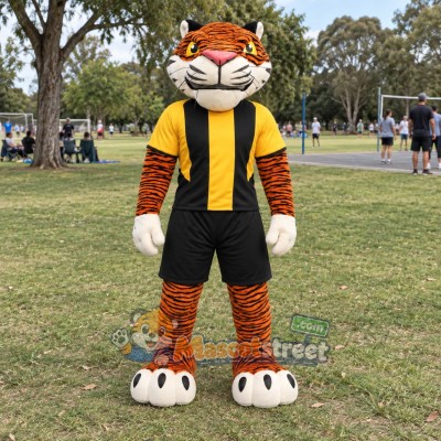 Orange Tiger Mascot Costume with Black and Yellow Sports Uniform Orange Tiger Mascot Costume with Black and Yellow Sports Uniform