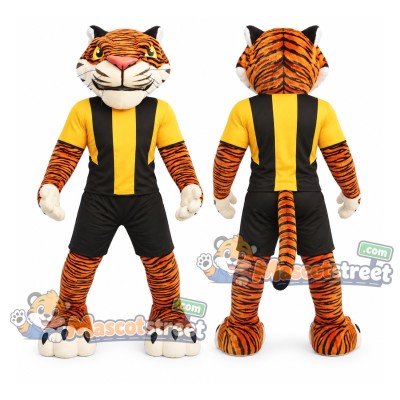 Orange Tiger Mascot Costume with Black and Yellow Sports Uniform Orange Tiger Mascot Costume with Black and Yellow Sports Uniform