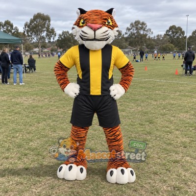 Orange Tiger Mascot Costume with Black and Yellow Sports Uniform Orange Tiger Mascot Costume with Black and Yellow Sports Uniform