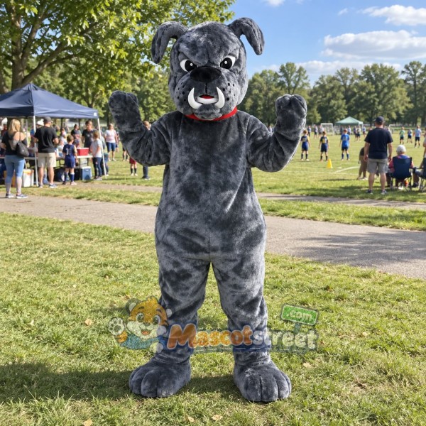 Gray Bulldog Mascot Costume with Red Collar