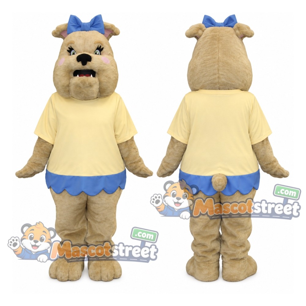 Tan Bulldog Mascot Costume with Yellow Shirt and Blue Skirt