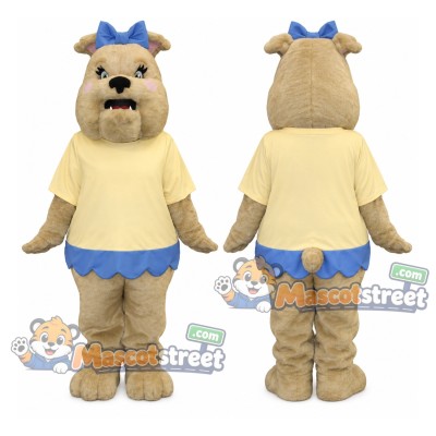 Tan Bulldog Mascot Costume with Yellow Shirt and Blue Skirt Tan Bulldog Mascot Costume with Yellow Shirt and Blue Skirt