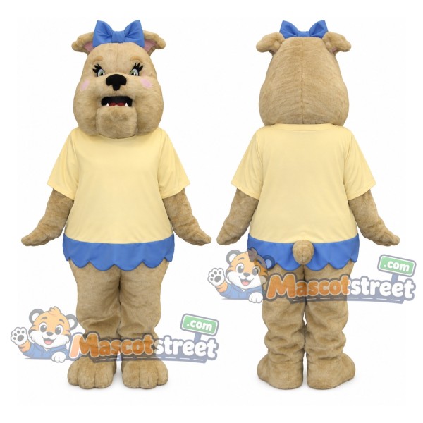 Tan Bulldog Mascot Costume with Yellow Shirt and Blue Skirt