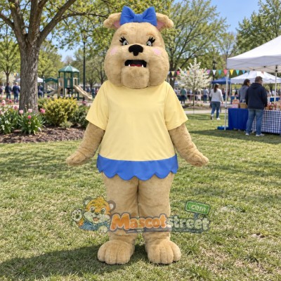 Tan Bulldog Mascot Costume with Yellow Shirt and Blue Skirt