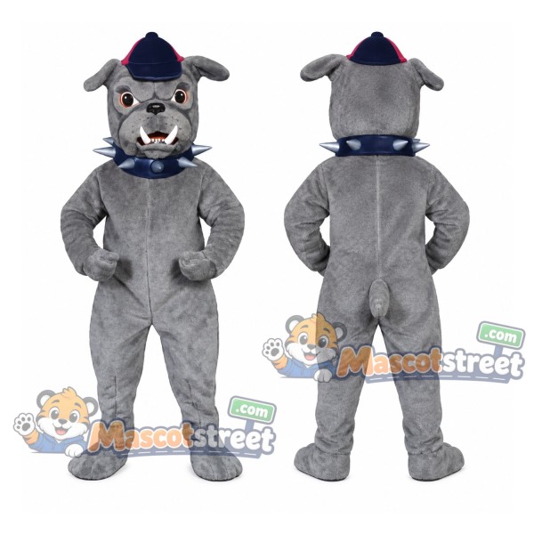 Gray Bulldog Mascot Costume with Blue Cap and Collar