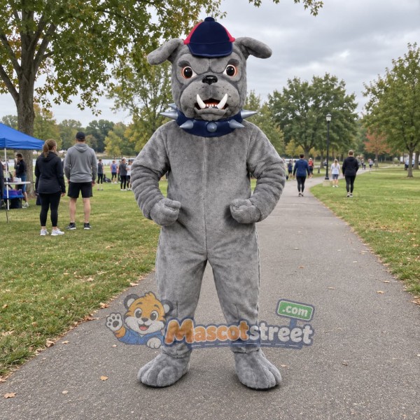 Gray Bulldog Mascot Costume with Blue Cap and Collar