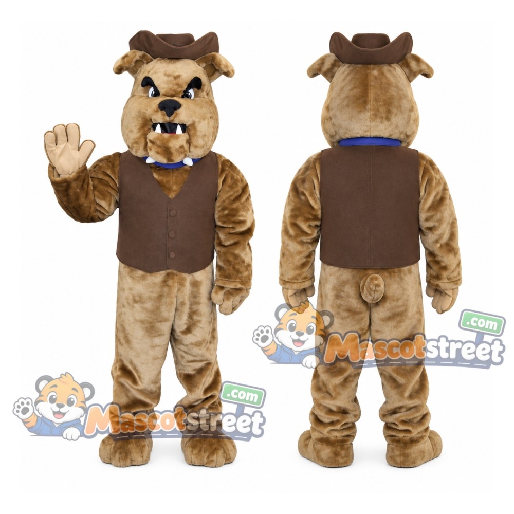 Brown Bulldog Mascot Costume with Brown Vest and Brown Hat