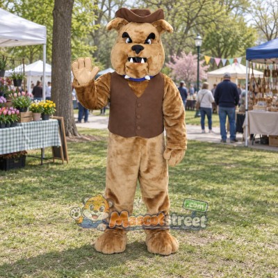 Brown Bulldog Mascot Costume with Brown Vest and Brown Hat