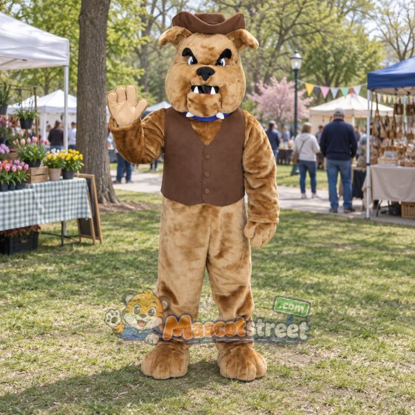 Brown Bulldog Mascot Costume with Brown Vest and Brown Hat