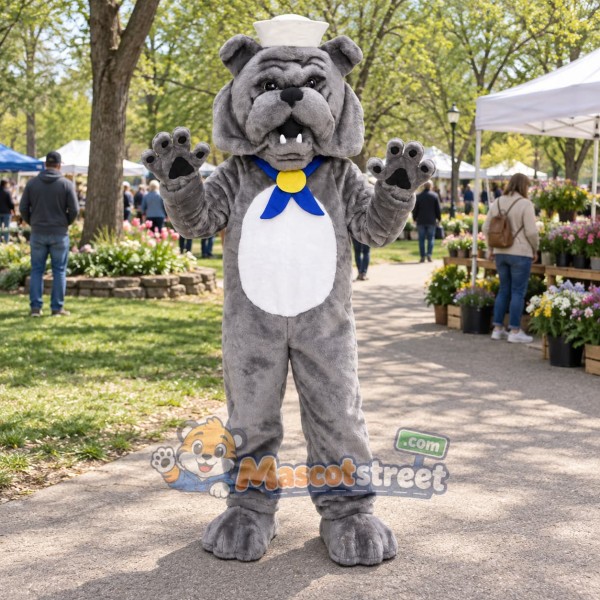 Gray Bulldog Mascot Costume with Blue Bandana