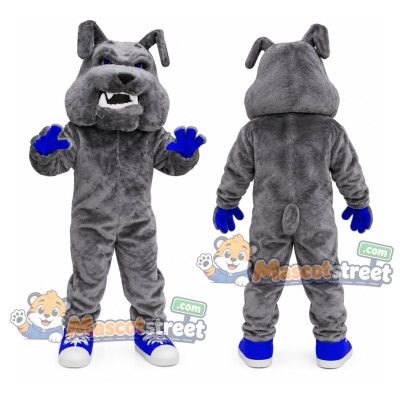 Gray Bulldog Mascot Costume with Blue Gloves Gray Bulldog Mascot Costume with Blue Gloves