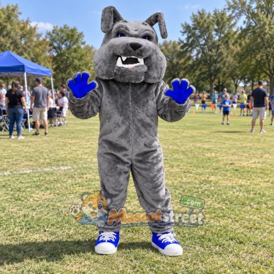 Gray Bulldog Mascot Costume with Blue Gloves Gray Bulldog Mascot Costume with Blue Gloves