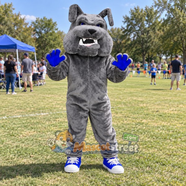 Gray Bulldog Mascot Costume with Blue Gloves