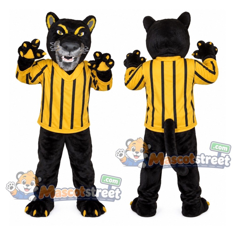 Black Panther Mascot Costume with Yellow Striped Shirt Black Panther Mascot Costume with Yellow Striped Shirt