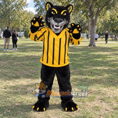 Black Panther Mascot Costume with Yellow Striped Shirt Black Panther Mascot Costume with Yellow Striped Shirt