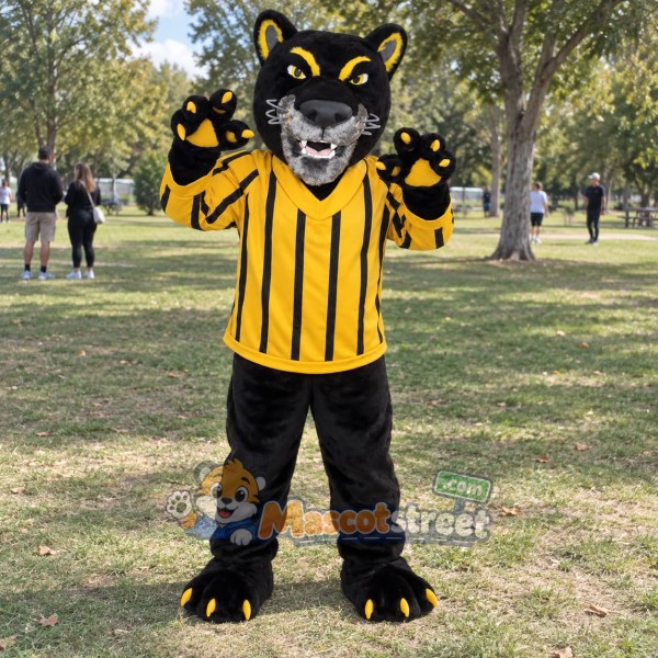 Black Panther Mascot Costume with Yellow Striped Shirt