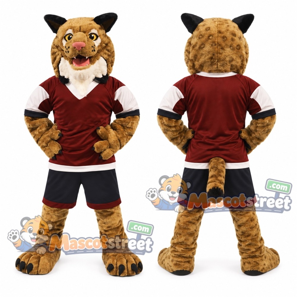 Brown Bobcat Mascot Costume with Burgundy Shirt and Black Shorts