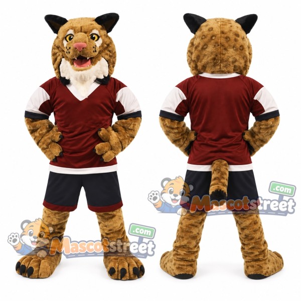 Brown Bobcat Mascot Costume with Burgundy Shirt and Black Shorts