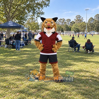 Brown Bobcat Mascot Costume with Burgundy Shirt and Black Shorts