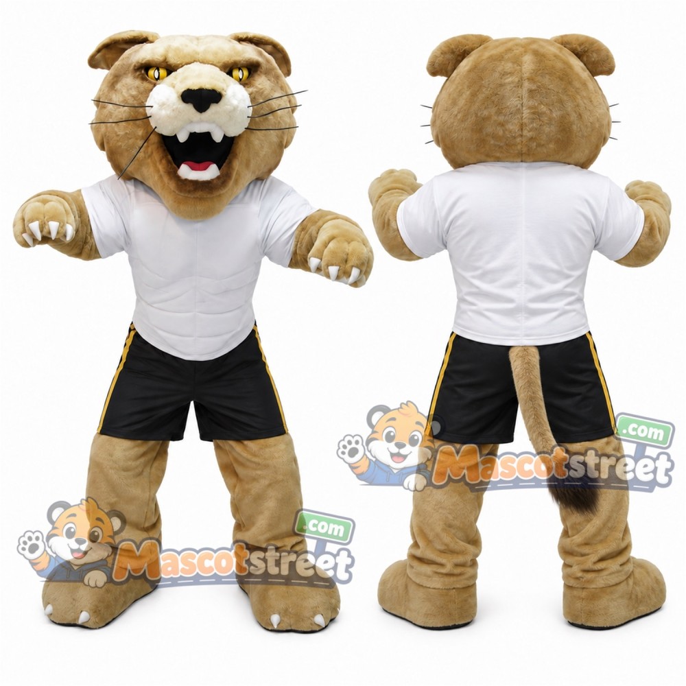 Tan Wildcat Mascot Costume with White Shirt and Black Shorts