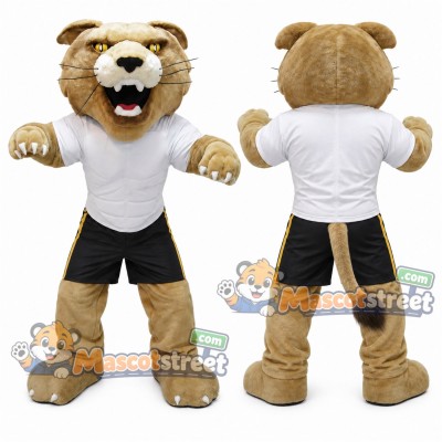 Tan Wildcat Mascot Costume with White Shirt and Black Shorts