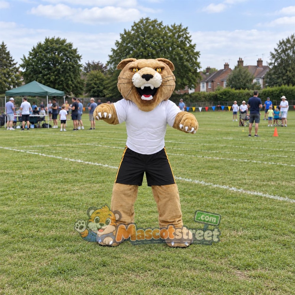 Tan Wildcat Mascot Costume with White Shirt and Black Shorts