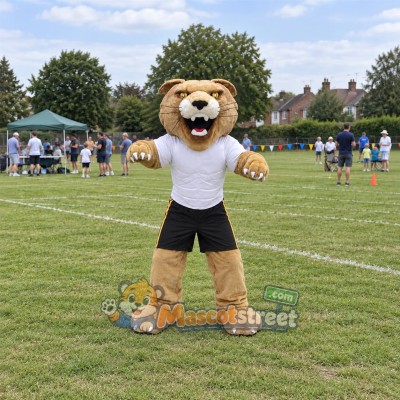 Tan Wildcat Mascot Costume with White Shirt and Black Shorts