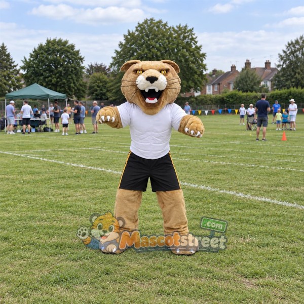 Tan Wildcat Mascot Costume with White Shirt and Black Shorts