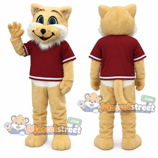 Tan Wildcat Mascot Costume with Burgundy Shirt