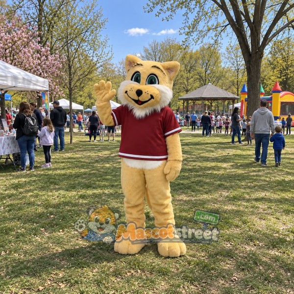 Tan Wildcat Mascot Costume with Burgundy Shirt