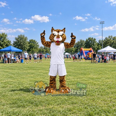 Brown Tiger Mascot Costume with White Sports Uniform Brown Tiger Mascot Costume with White Sports Uniform