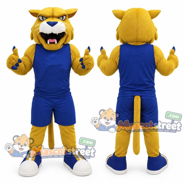 Yellow Wildcat Mascot Costume with Blue Sports Uniform