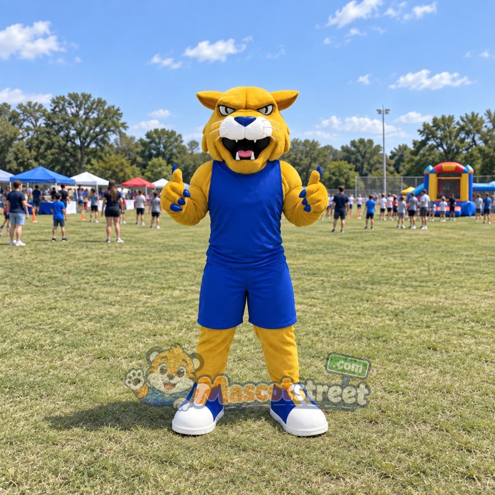 Yellow Wildcat Mascot Costume with Blue Sports Uniform Yellow Wildcat Mascot Costume with Blue Sports Uniform