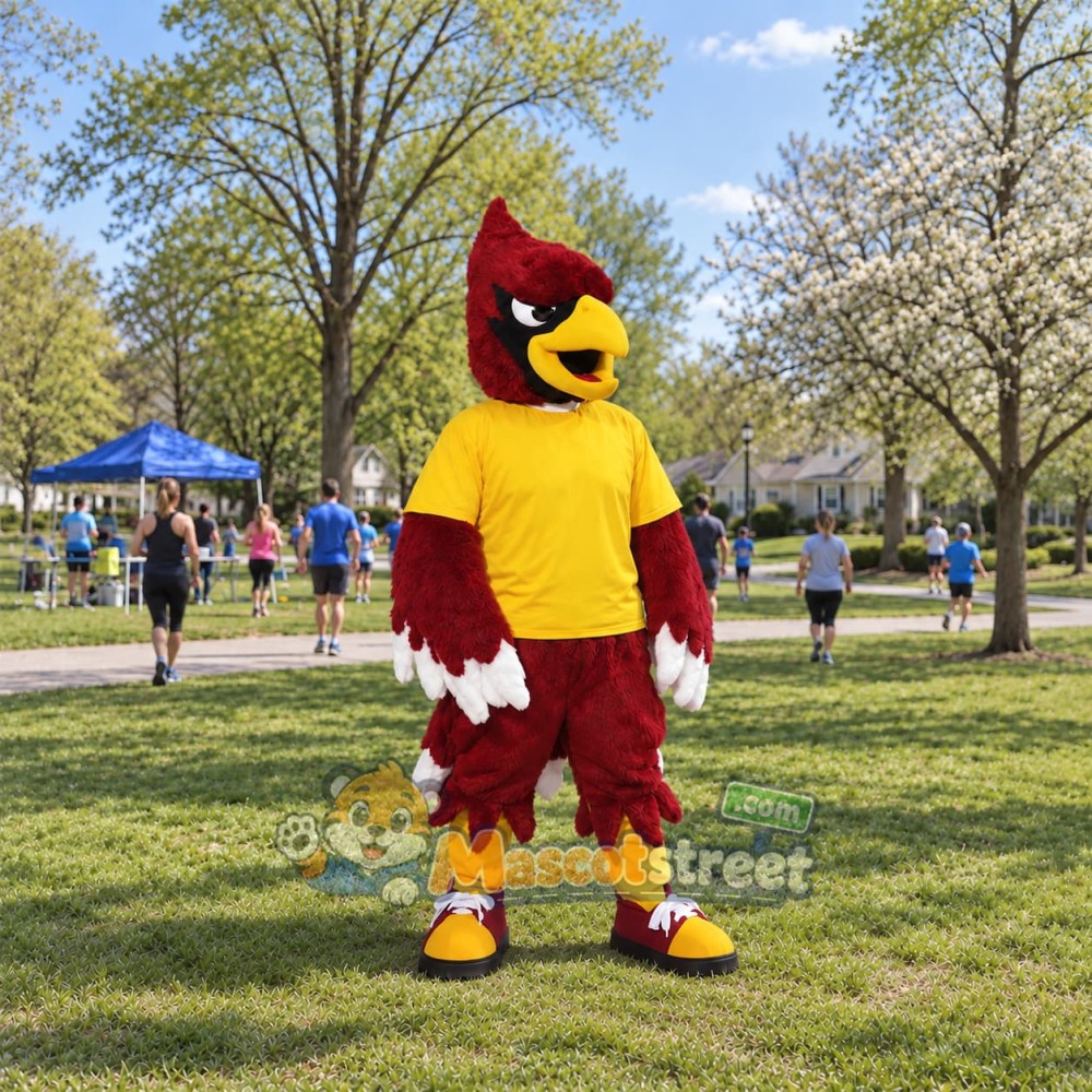 Red Cardinal Mascot Costume with Yellow Shirt Red Cardinal Mascot Costume with Yellow Shirt