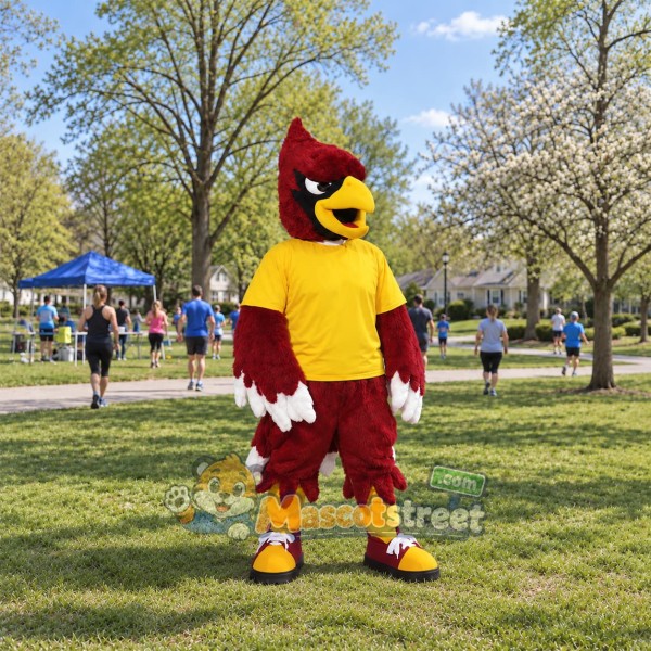 Red Cardinal Mascot Costume with Yellow Shirt