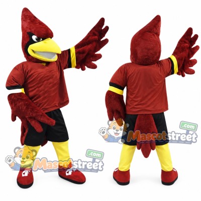 Red Cardinal Mascot Costume with Burgundy Shirt and Black Shorts Red Cardinal Mascot Costume with Burgundy Shirt and Black Shorts