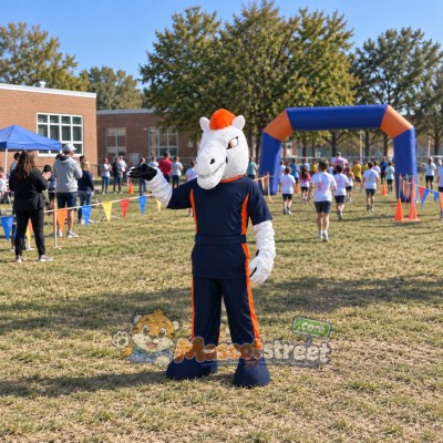 White Horse Mascot Costume with Navy Jumpsuit White Horse Mascot Costume with Navy Jumpsuit